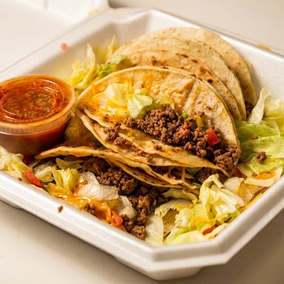 Three soft tacos filled with ground beef, lettuce, and cheese, with a side of salsa.