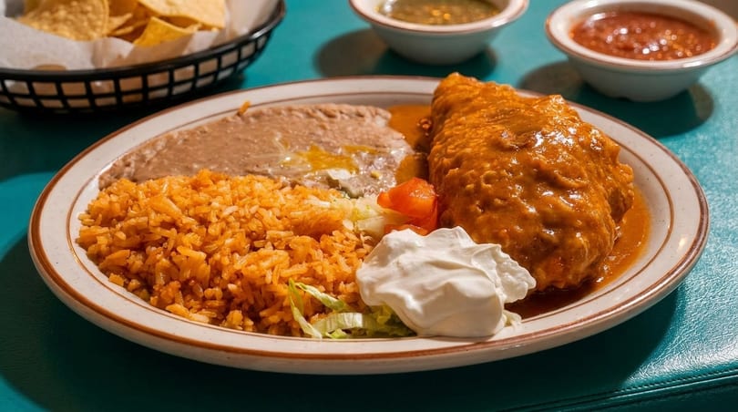 A plate of Mexican food with a chile relleno, rice, refried beans, and sour cream.