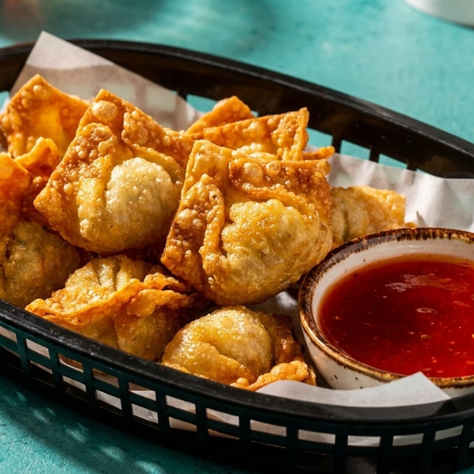 Crispy golden fried wontons in a black basket with a side of sweet chili dipping sauce.