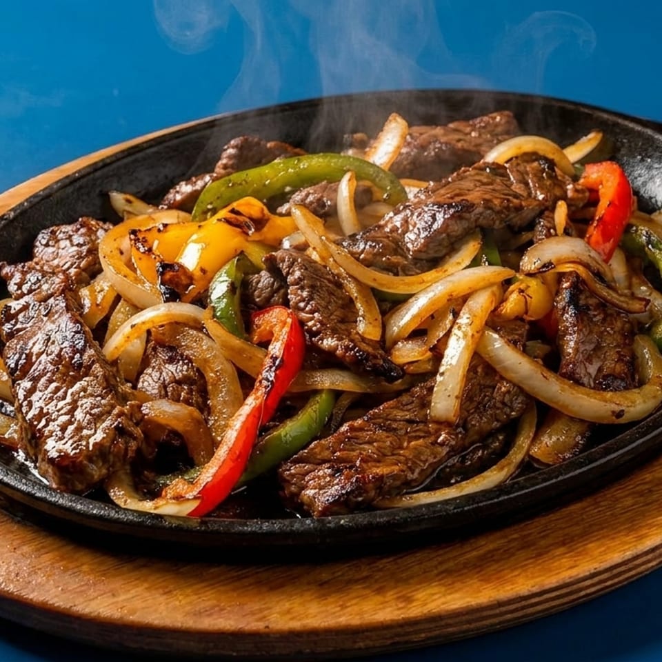 Sizzling beef fajitas with onions and colorful bell peppers in a cast iron skillet.
