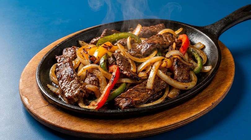 Sizzling beef fajitas with onions and colorful bell peppers in a cast iron skillet.